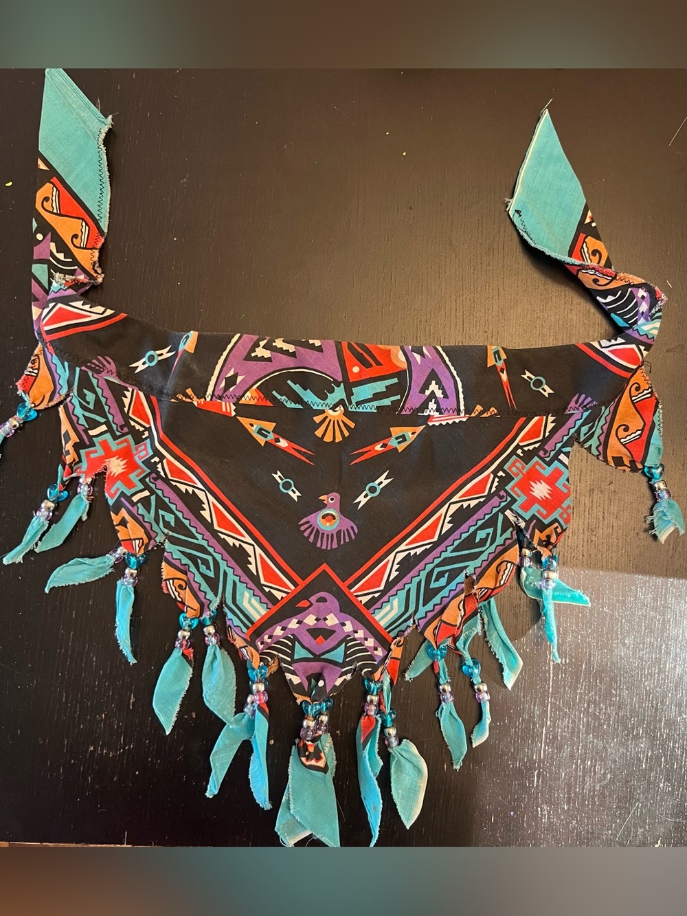 Boho Aztec Fringe Bandana Scarf with Beaded Tassels vintage teal & black w/ red